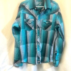 Men's XL Blue/Black Rock 47 Wrangler western shirt.